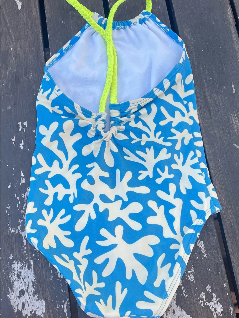 Boden Blue & White Coral-Print One-Piece Swimsuit with Neon Yellow Straps